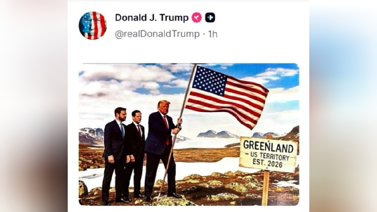 有片丨特朗普發布登上格陵蘭島圖 指示牌寫「格陵蘭島2026年成為美國領土」