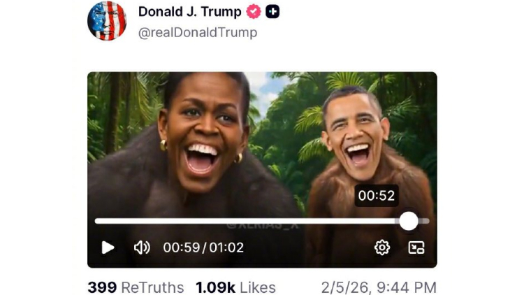 特朗普賬號發視頻把奧巴馬夫婦修成猴子 白宮：僱員「誤發」、已被刪除