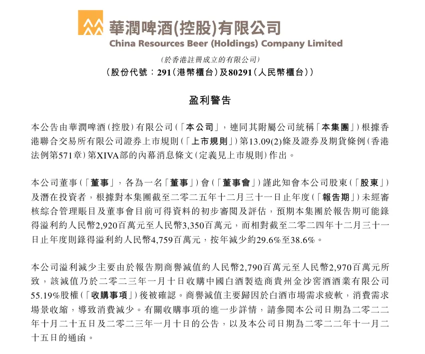 華潤啤酒2025財報盈警：商譽減值釋壓  主業增長獲機構正向評價