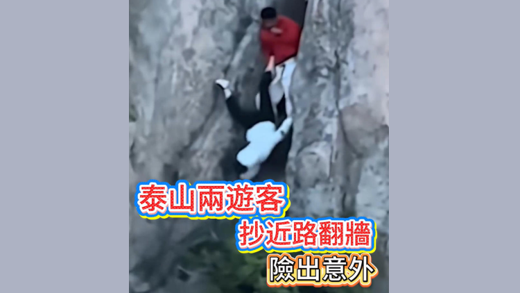 有片丨泰山兩遊客抄近路翻牆 險出意外
