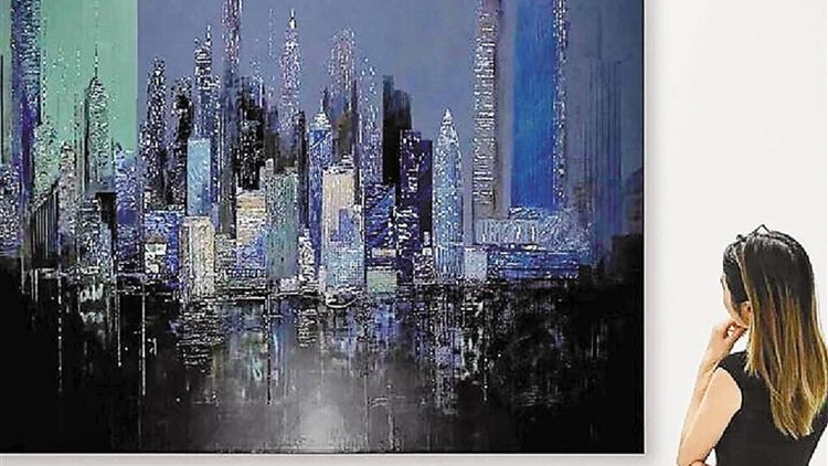 漆畫拼貼貝母作品再現深圳夜景