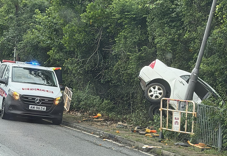 大嶼山私家車失控 撞燈柱直插路旁叢林