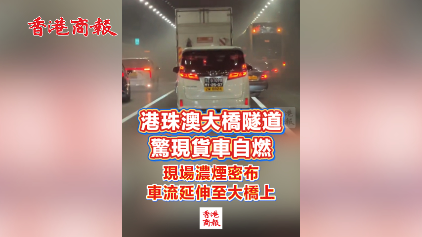 有片丨港珠澳大橋隧道驚現貨車自燃 現場濃煙密布 車流延伸至大橋上