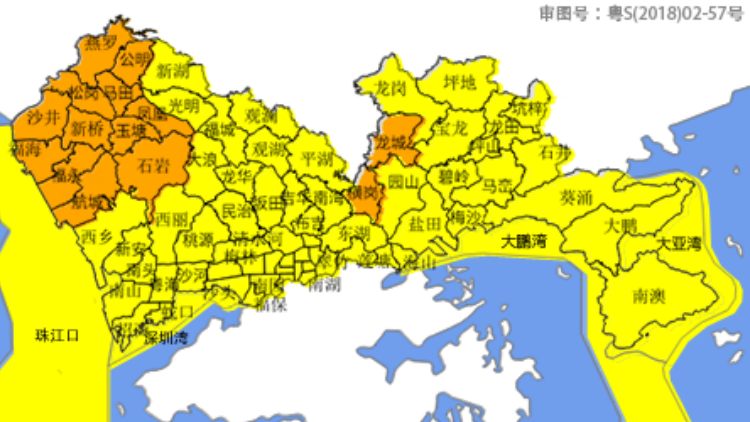 雷雨大風黃色預警擴展至深圳全市，部分區域升為橙色預警